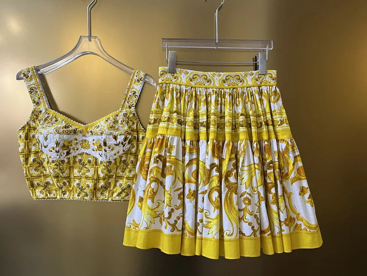 Designer Women's Cotton Corset Top & Mini Skirt Set | Yellow Porcelain Print | Summer Beach Vacation Outfit