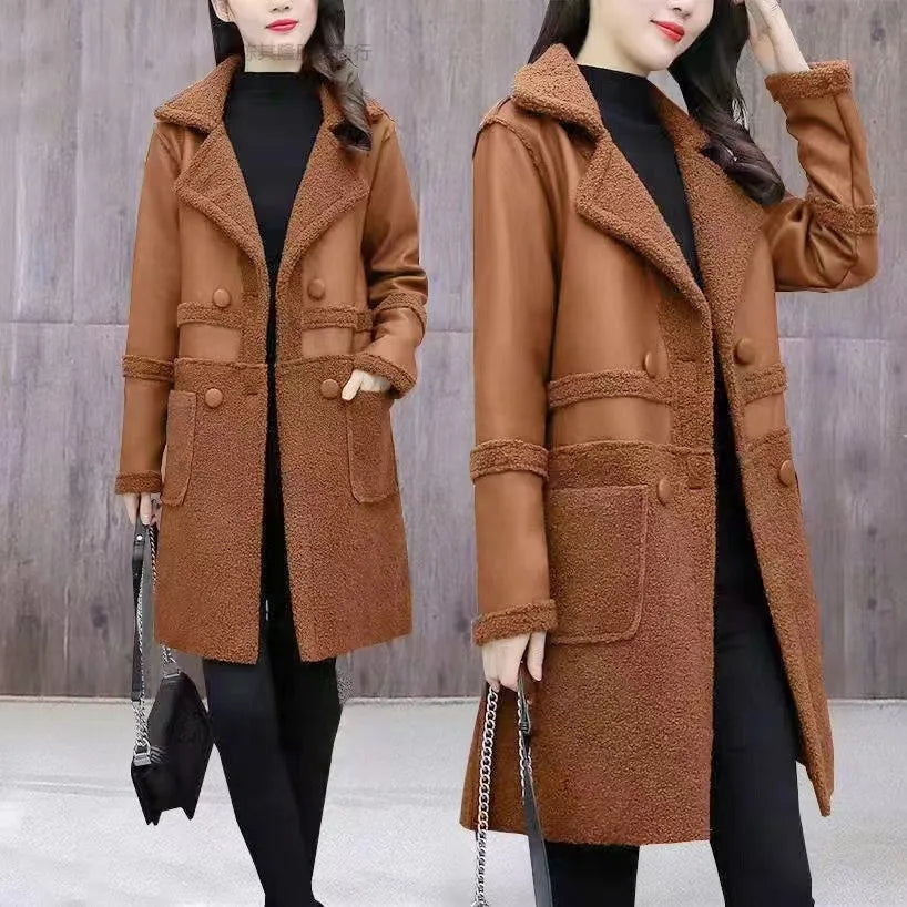 Nuevos Abrigos Largos de Cuero para Mujer, Forro Polar Cálido, Doble Cara, de Piel, Chaquetas de Piel Holgadas e Informales, Colección Otoño-Invierno