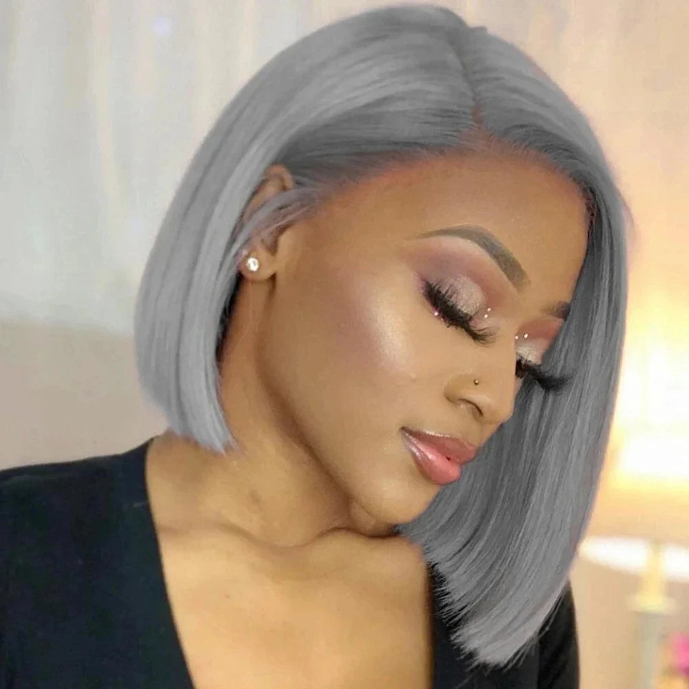 Silver Grey Lace Front Short Bob Wig Grey Straight 13x4 Lace Transparent Front Wigs Human Hair For Black Women 8 10 12 14 Inch