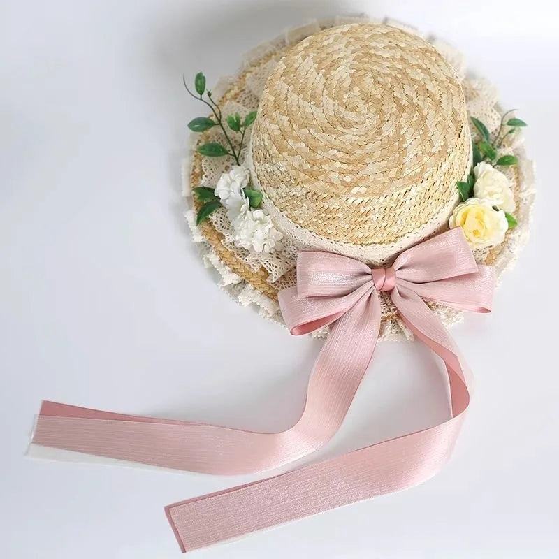 Elegante sombrero Lolita hecho a mano con diseño original BNT estilo pastoral, sombrero de paja de verano para mujer.