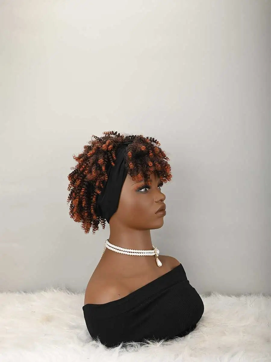 Headband Wig Curly Headband Wig With Bangs For Women Synthetic Afro Curly Hair Wig With Headband Attached Short Kinky Curly Afro High Puff With Bangs Stripes Short Red Curly Wigs with Bangs for Women, Natural Wavy Synthetic W