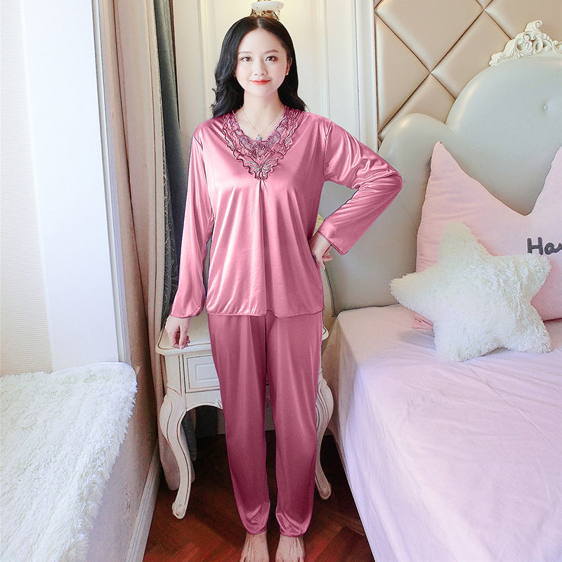 Women's Pajamas Set Summer Long Sleeve And Pants Pyjamas Two-piece Set Pajama Ice Silk Satin Sexy Sleepwear Home Suit Loungewear