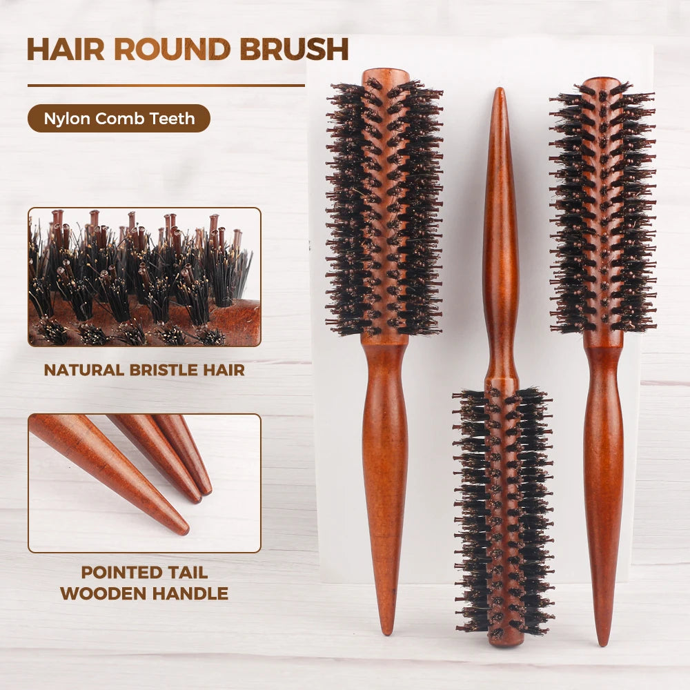 Brosse à cheveux ronde à manche en bois, peigne droit en sergé, poils de sanglier, outil de coiffure