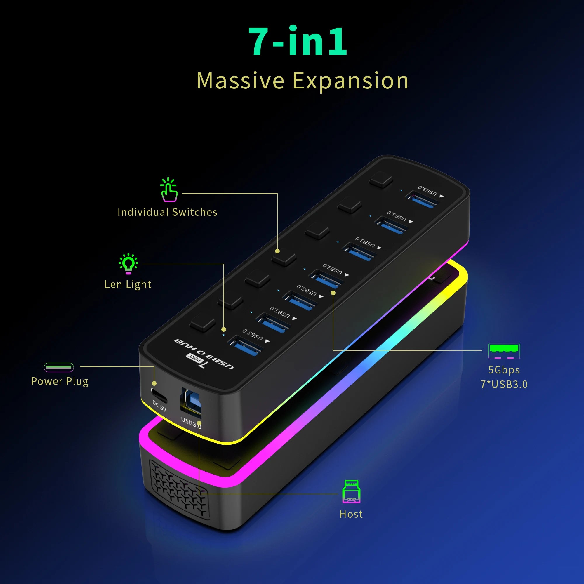 RGB USB 3.0 Hub 7 Ports Data Port Adapter 5Gbps Individual On/Off Switch Splitter Gaming USB Hub For Laptop PC Computer Accessor