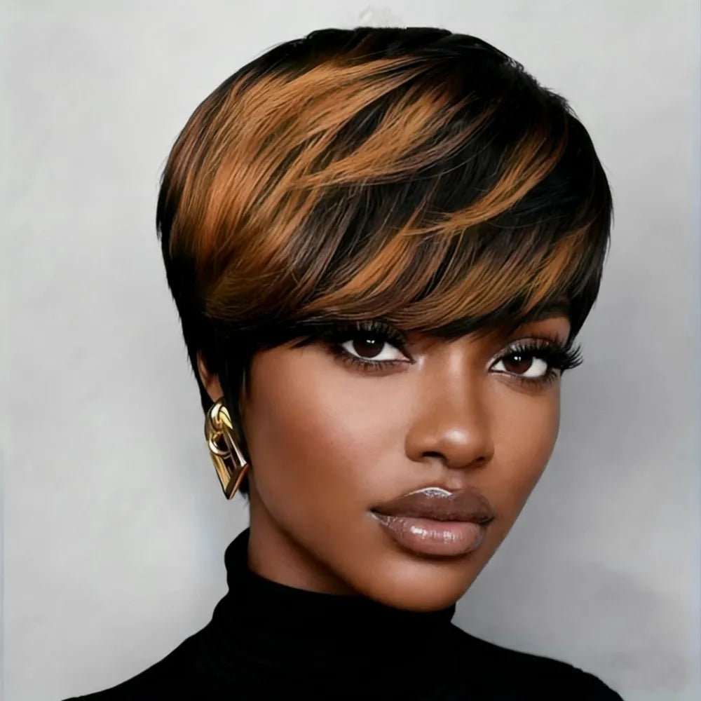 Perruque coupe pixie perruque courte droite coupe pixie NOIRE couleur 1B30 pour femmes utilisation quotidienne soirée perruque perruque cheveux humains perruque faite à la machine