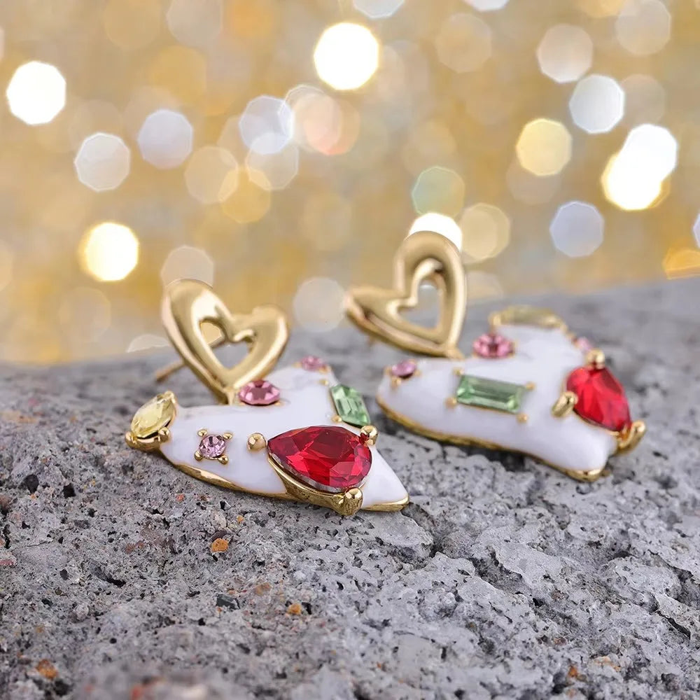 New Exquisite Colorful Rhinestone Heart Shape Earrings for Women Fashion White Enamel Love Temperament Earrings Wedding Jewelry