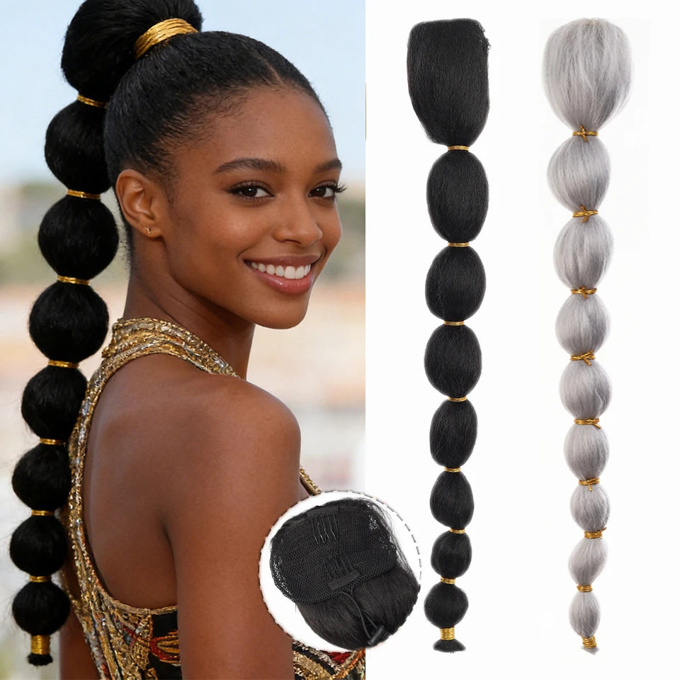 Moño afro largo sintético Yaki Liso Trenza Linterna Cola de caballo de burbuja Extensión con cordón Clip en postizo para mujeres negras