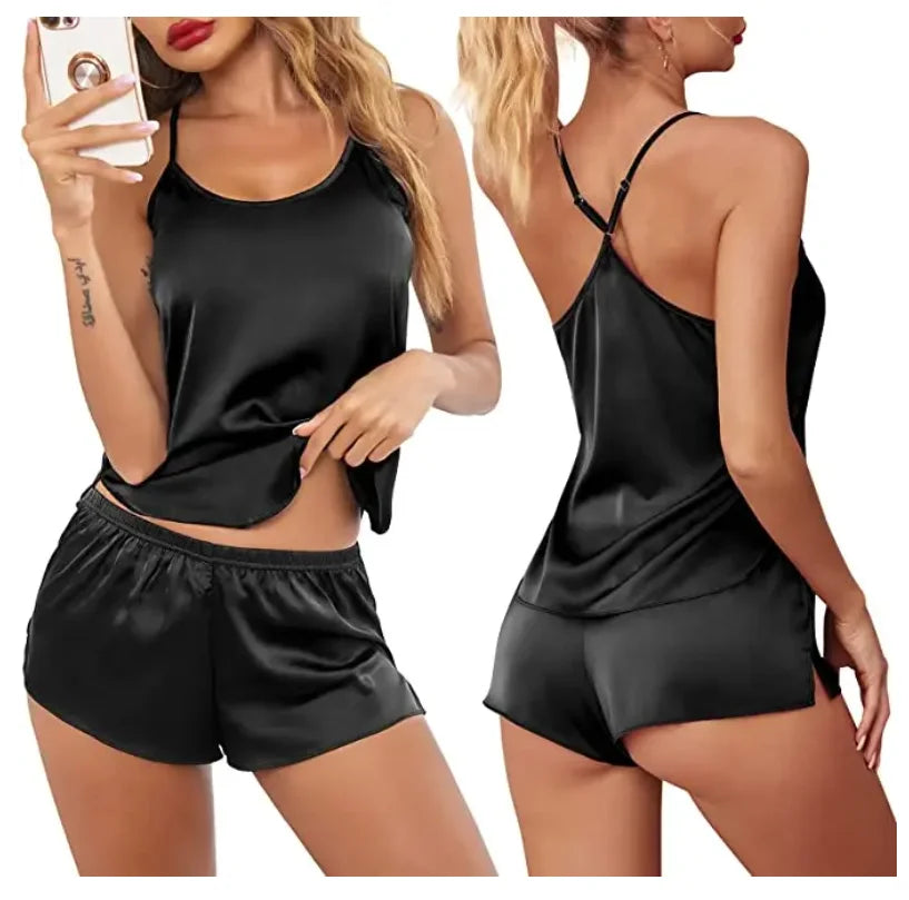 Conjuntos de pijama de satén y encaje sexy para mujer, ropa de dormir, tops sin mangas + pantalones cortos, conjuntos de 2 piezas de pijama para mujer