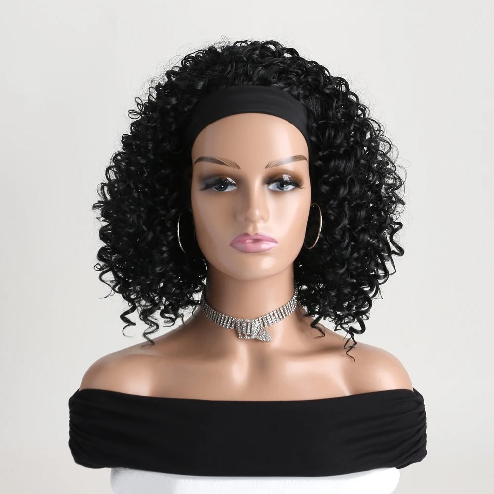 Peluca rizada Kinky negra corta y lisa con diadema sintética natural para mujeres negras, uso diario en fiestas, cabello falso resistente al calor