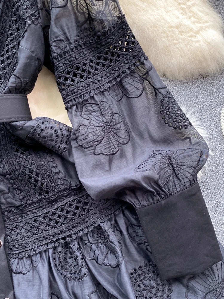 Vestido camisero de lujo para mujer de encaje blanco y negro, nuevo bordado vintage, manga farol con cinturón, ropa sexy INKEO 4D062