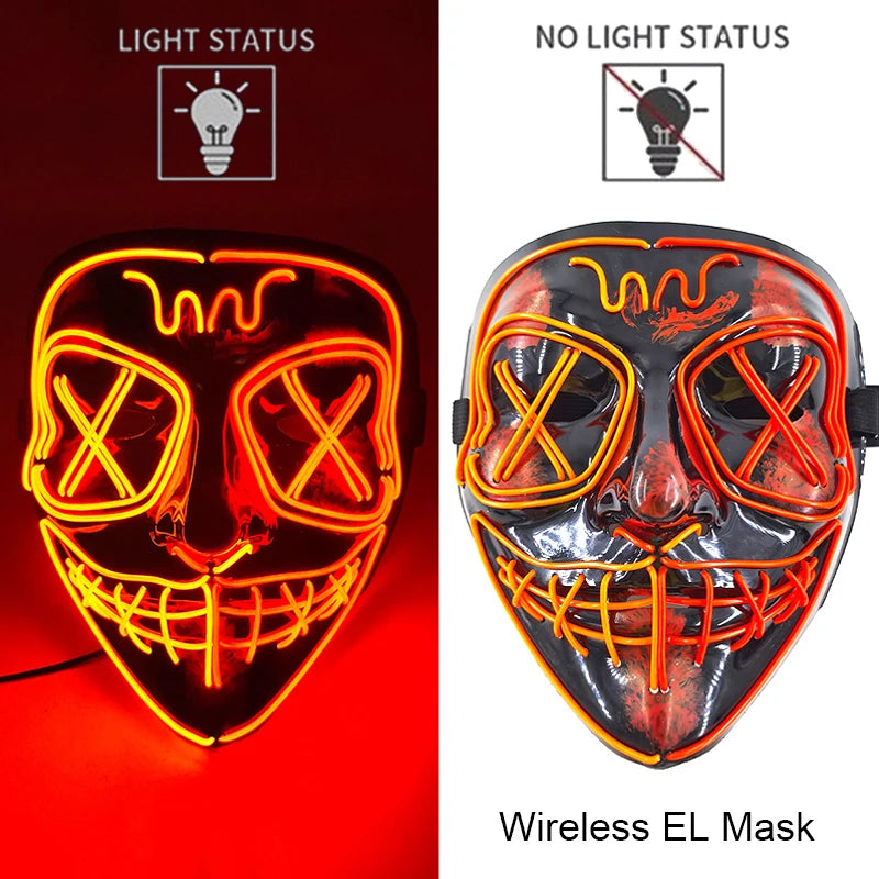 Máscara de purga LED de neón inalámbrica, que brilla en la oscuridad, máscara de cosplay de terror para Halloween, máscaras de fiesta de disfraces, accesorios luminosos divertidos