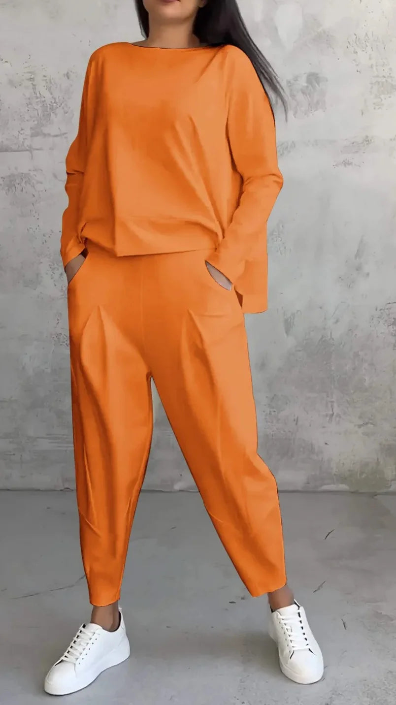 Conjuntos de dos piezas de pantalón para mujer, tops lisos de manga larga, cuello redondo, casual, pantalones largos de cintura media, bolsillos, elegante regular