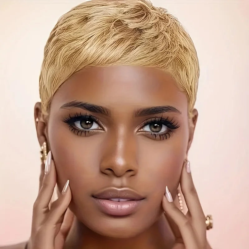 Perruque en cheveux humains, densité 150 %, 27# couleur, coupe pixie courte, droite et dégradée de 4 pouces, fabriquée à la machine, pour usage quotidien