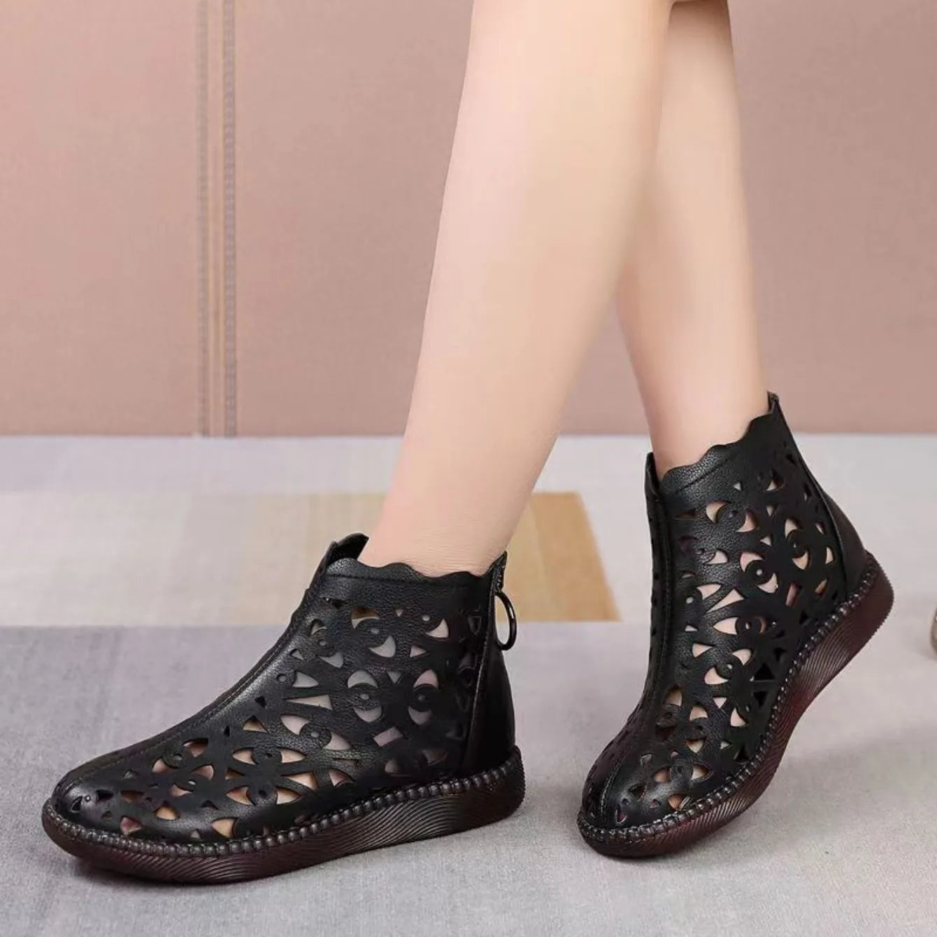 Women Boots New Spring Summer Leather Sandals Women Breathable Hole Boots Flat Soft Non-slip Comfortable Shoes for Women