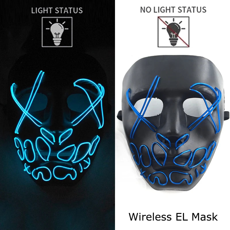 Máscara de purga LED de neón inalámbrica, que brilla en la oscuridad, máscara de cosplay de terror para Halloween, máscaras de fiesta de disfraces, accesorios luminosos divertidos