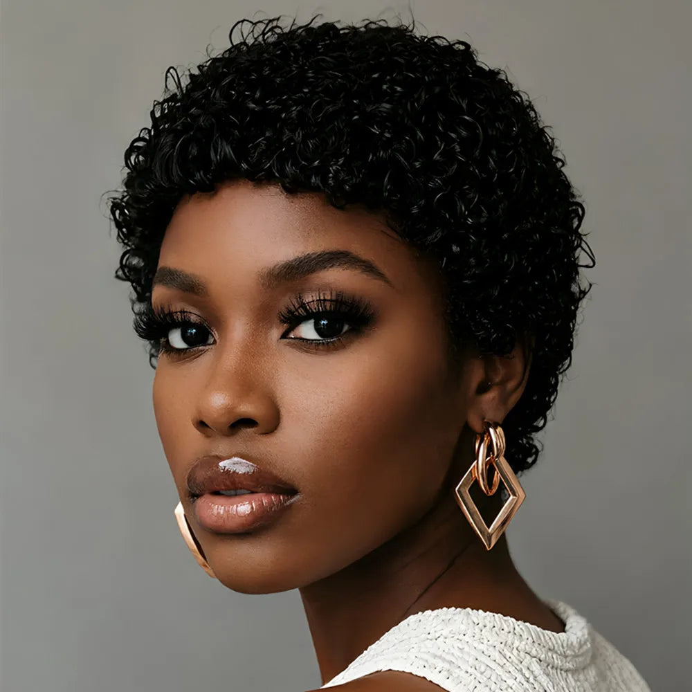 perruque pixie perruque courte afro bouclée de 4 pouces en cheveux humains, couleur noire, densité 150%, perruque courte bouclée en cheveux humains coupée pixie, faite à la machine