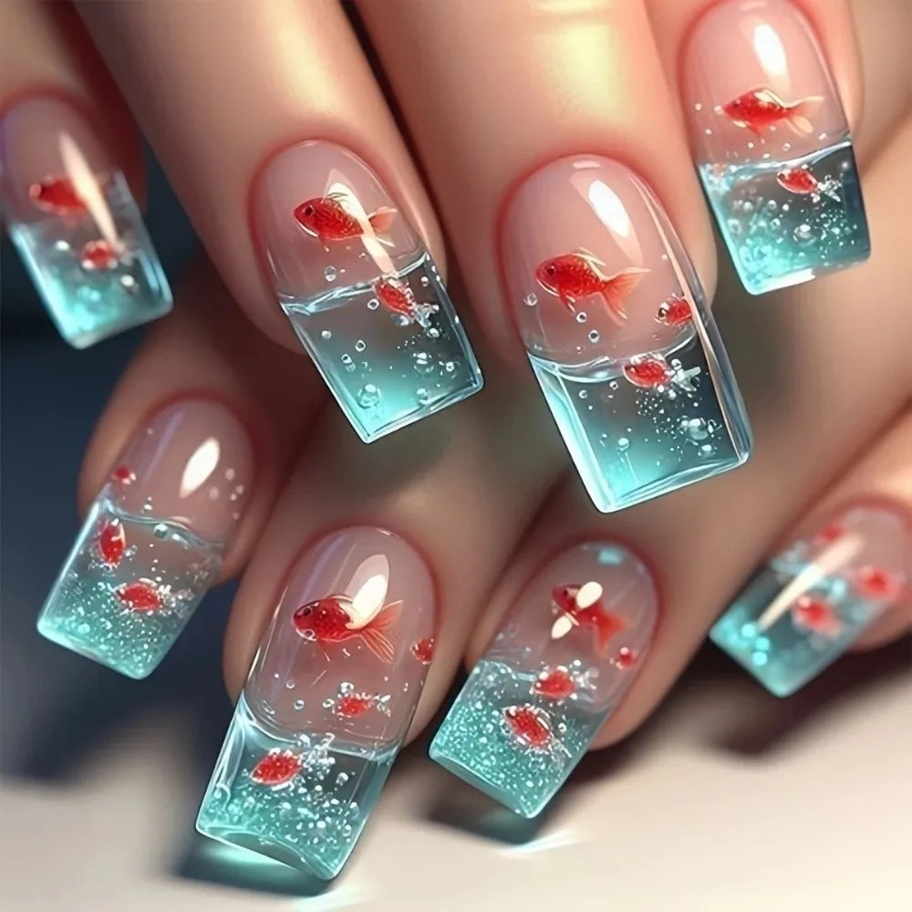 Uñas postizas francesas de cabeza cuadrada, impermeables, manicura usable, color nude degradado, uñas a presión, cubierta completa, puntas de uñas brillantes para mujer