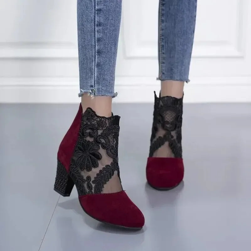 Zapatos de tacón de encaje para mujer, sandalias romanas de moda para mujer, zapatos de mujer transpirables, elegantes zapatos de tacón para mujer, nuevas sandalias de tacón de malla