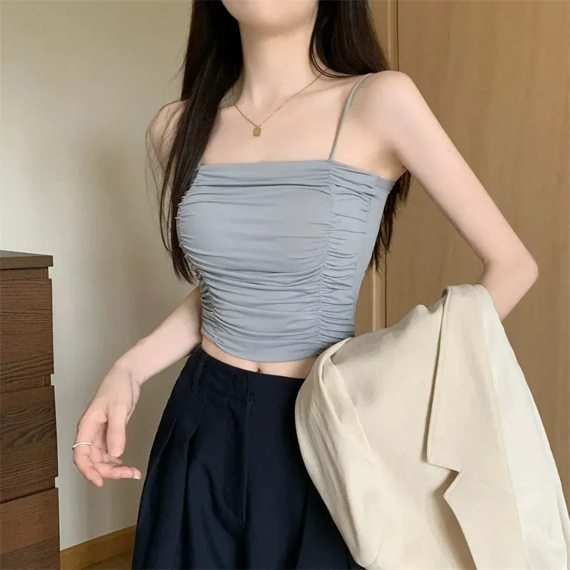 Camisetas sin mangas para mujer, tops sexys, tops de tubo para niñas con tirantes, camisola blanca para mujer, sujetadores acolchados, ropa de mujer, corsé.