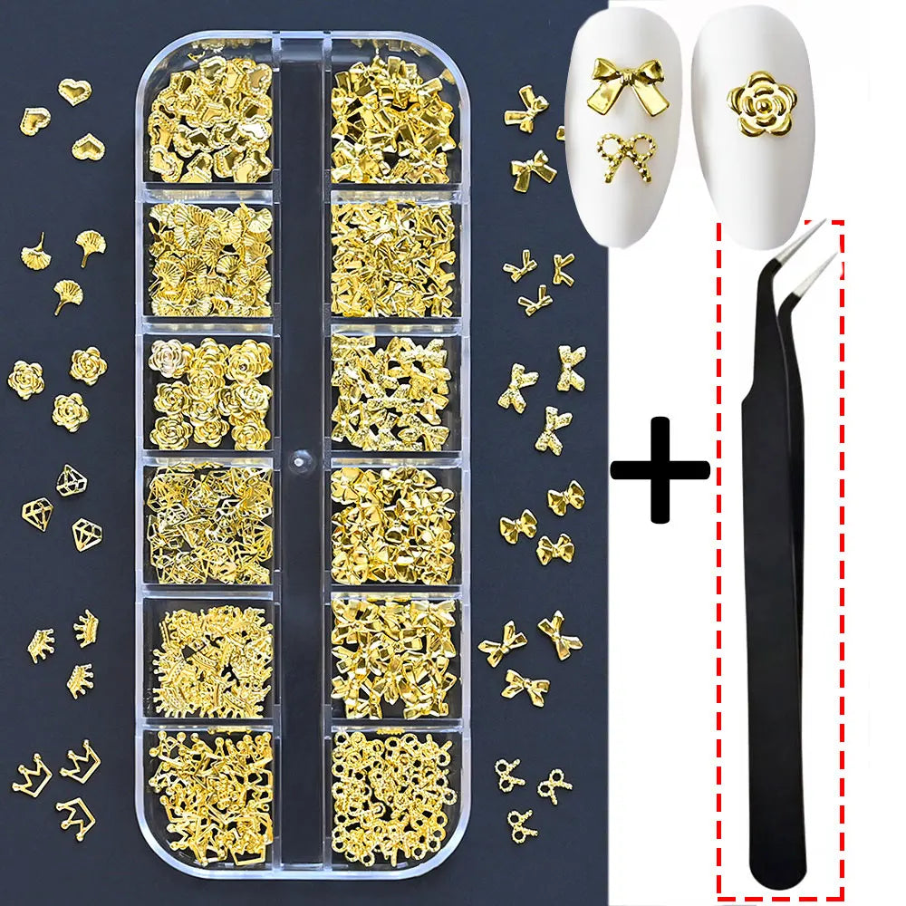 12Grids Moon Star Nails Gold Metallic Nail Sequins Charms 3D Nail Art Tips Decoration 3D Metal Moon Star Sun Bead Rivet Nail Je