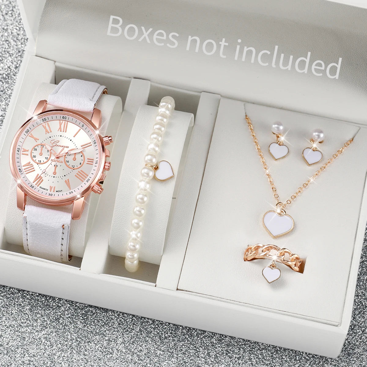 5/6PCS Reloj de cuarzo de moda para mujer, correa de cuero, relojes de pulsera analógicos, conjunto de joyas con corazón de diamantes de imitación (sin caja)