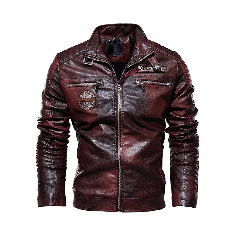 Chaqueta de Motociclista para Hombre, Chaquetas de Cuero PU para Motociclista con Forro Polar, Cortavientos de Moto para Hombre, Cuello Levantado, Chaquetas Casuales