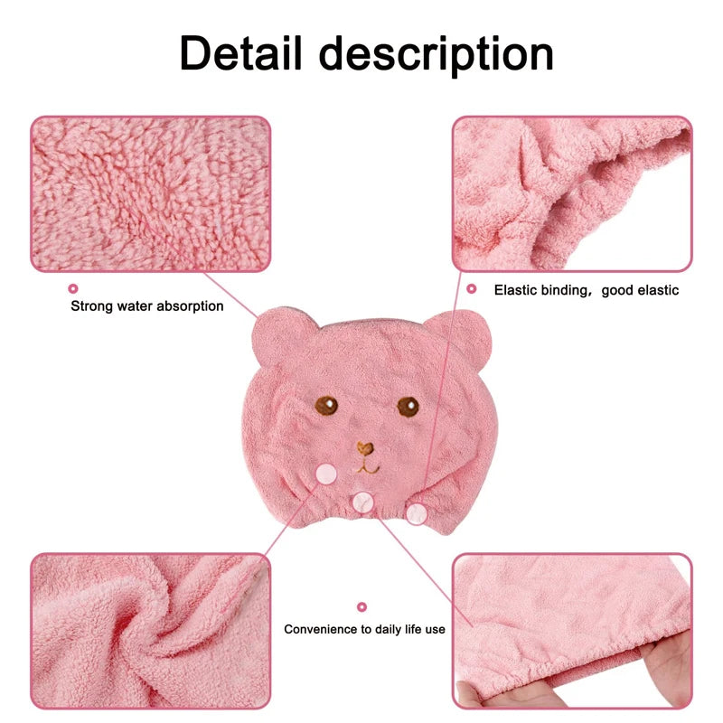 Gorro de pelo seco para mujer, de secado rápido, absorbente, de microfibra gruesa, toalla para la cabeza, gorro de ducha coreano bonito con oso bordado
