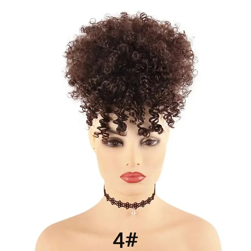 Synthetic Afro Puff Hair Bun Extensions Drawstring Ponytail With Bangs Short Kinky Curly Pineapple Clip in on Wrap Updo Ponytail