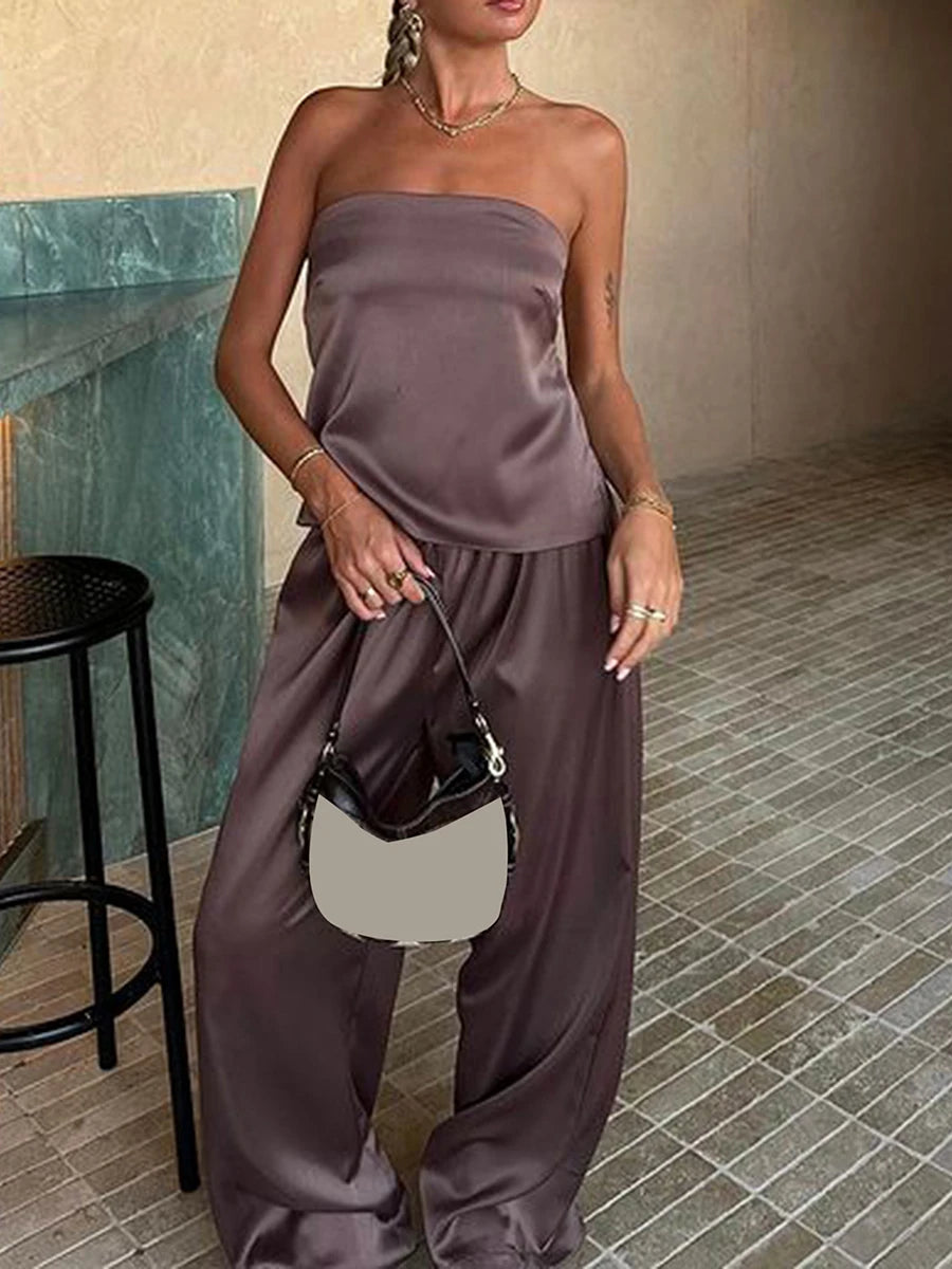 Women Satin Tube Top Pants Set 2 Piece Backless Lace Up Crop Tops Wide Leg Pants Y2k Coquette Clubwear Party Matching Outfits