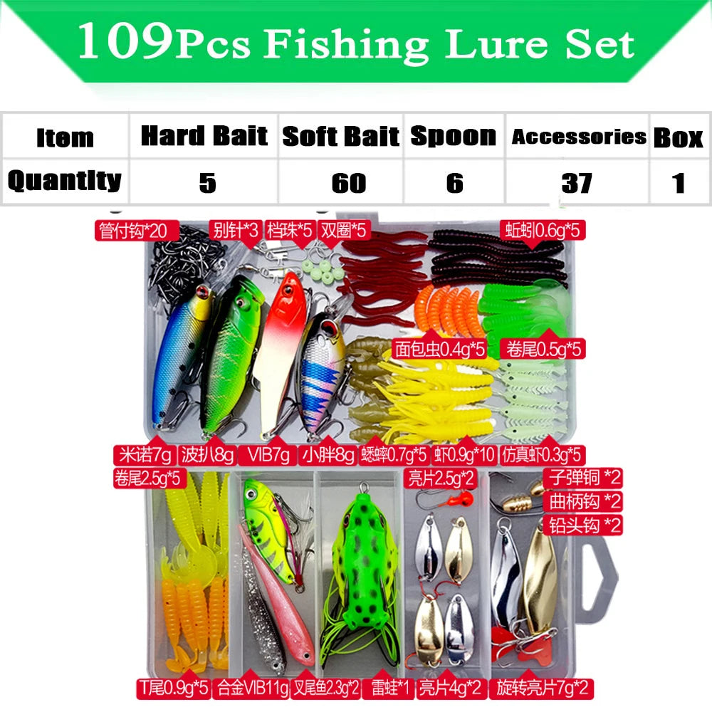 Kit de señuelos de pesca, juego de cebos blandos y duros, capa de engranajes Minnow, plantilla de metal, cuchara para bajo, lucio, accesorios de aparejos de manivela con caja