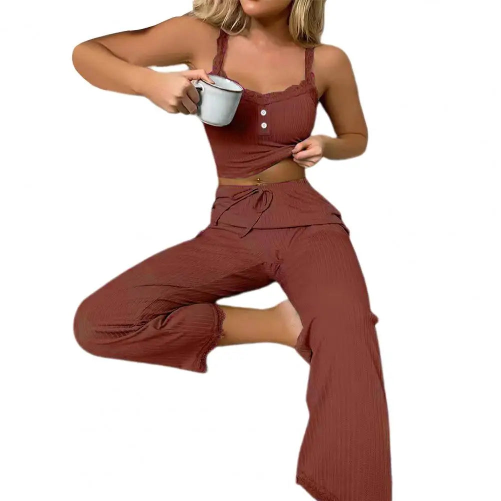 Conjunto de pijama casual sexy para mujer, de verano, de encaje, pantalones largos, sexy, de dos piezas, pantalones largos, conjunto de pijama para estar en casa