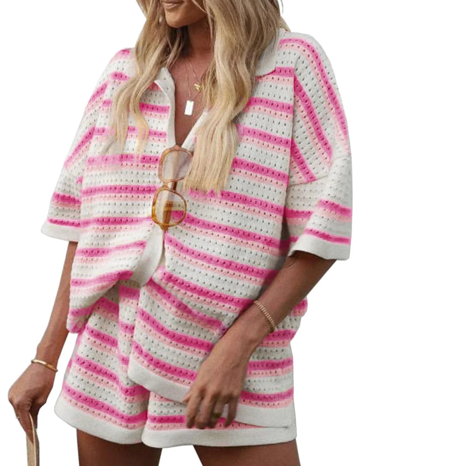 Conjunto de Pijama de Mujer de 2 Piezas Trajes de Salón Verano Rayas Contraste de Color Botón Tops de Punto de Ganchillo y Pantalones Cortos Conjuntos de Salón Playa