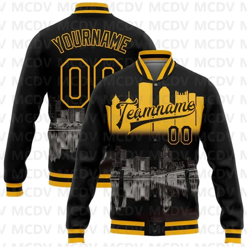 Pittsburgh City Edition Varsity-jakke – Tilpasset 3D-bomberjakke i svart og gull