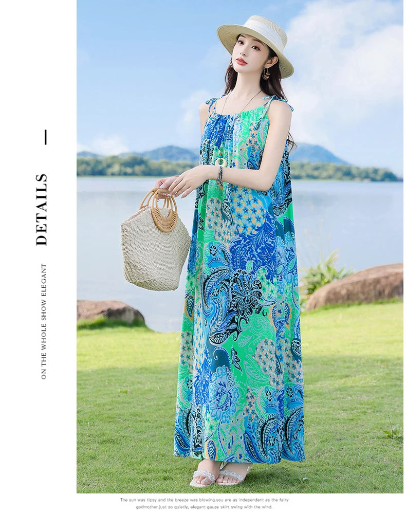 New Fashion Hot Summer Dresses For Women Casual Flower Print Floral Sleeveless Dress Vintage Dress Loose Women Clothing