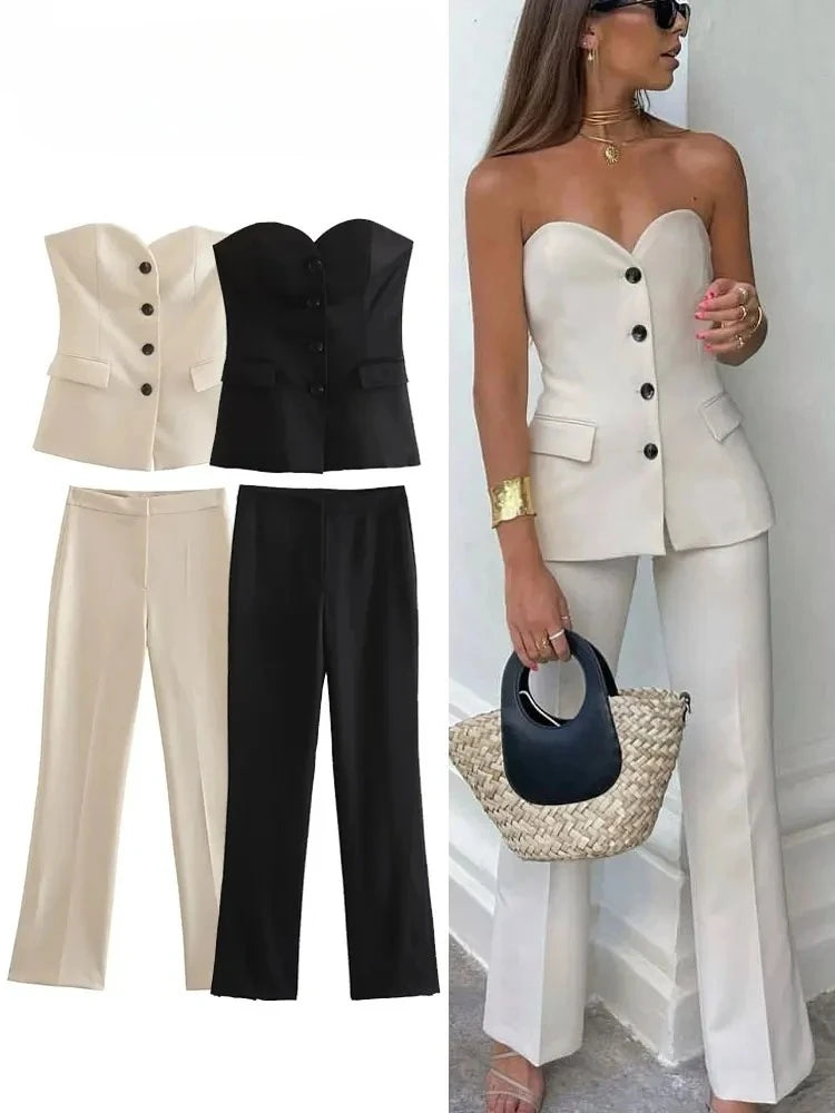 Ensemble élégant et décontracté pour femme, haut court et pantalon à fente latérale, sans bretelles, boutonné sur le devant, style streetwear