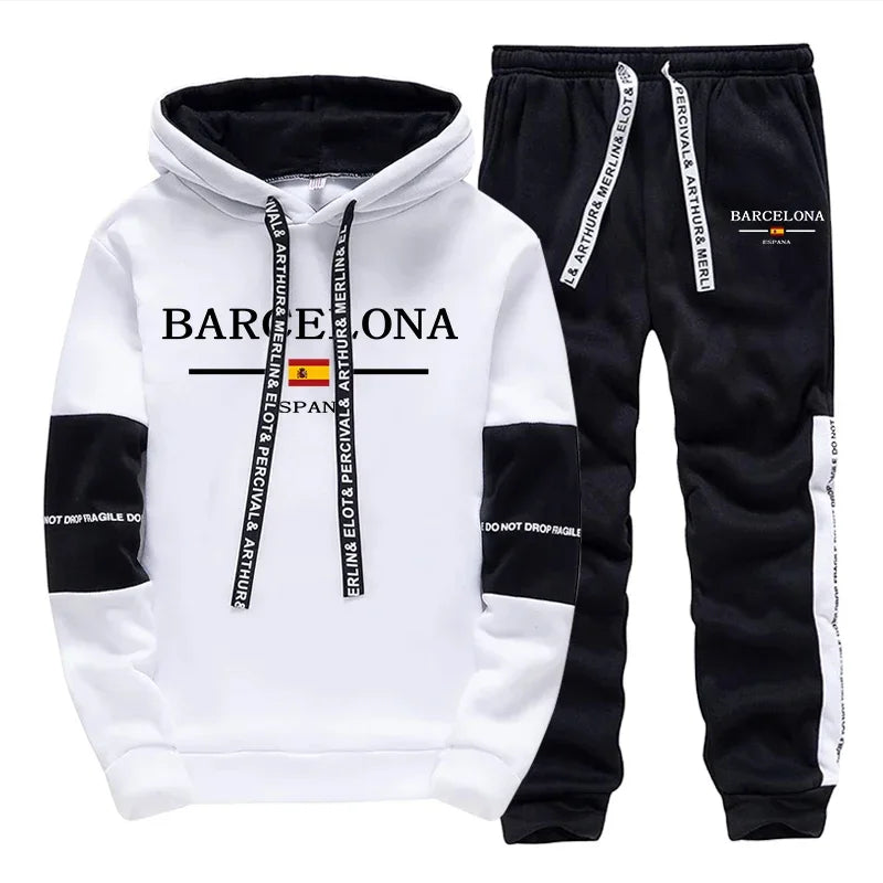 Barcelona Mens Sweatshirt Sweatpants Autumn Winter Casual Sporty Jogger Set Urban Fashion Street Style Hoodie Sportswear