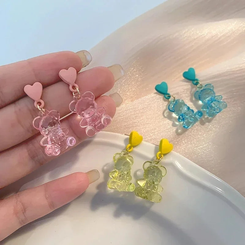 Pendientes colgantes de oso de gominola de acrílico bonitos para mujer, pendientes de aro de oso arcoíris CZ, joyería dulce de niña, moda coreana 2022