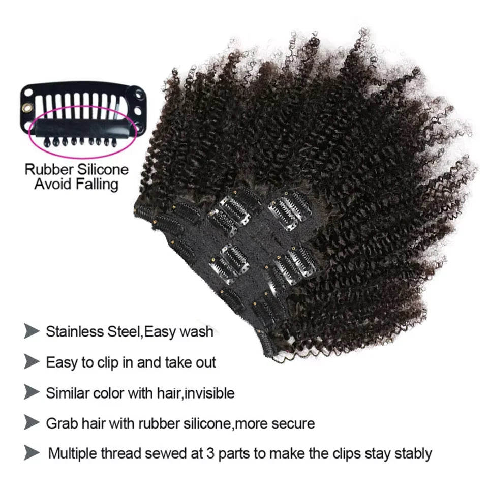 Extensions de cheveux à clip Afro Kinky Curly en vrais cheveux humains pour femmes Cheveux humains brésiliens Kinky Curly à clip 8 pièces 120 g