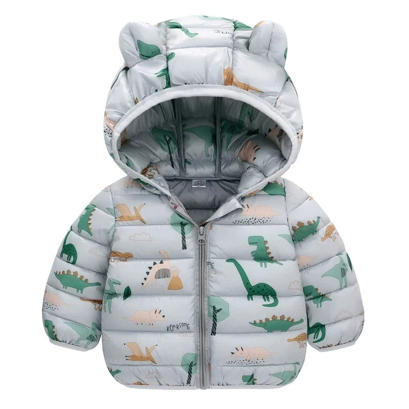 Chaqueta de plumas para niños de 1 a 5 años, de otoño e invierno, con capucha, de dibujos animados, cálida y a la moda, con cremallera, abrigo para niñas, ropa infantil