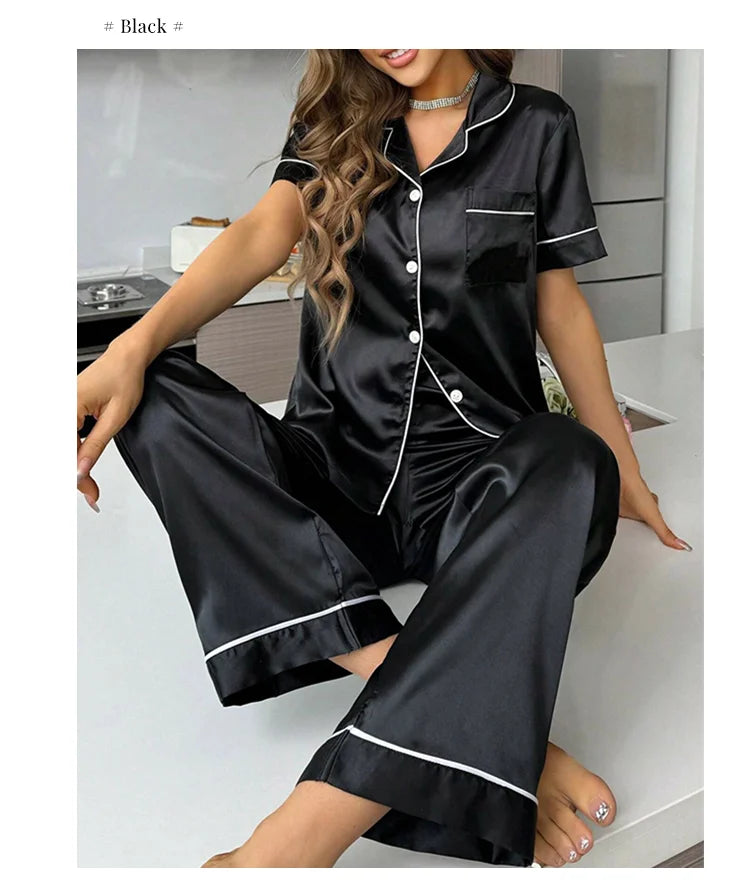 Conjuntos de pijama para mujer, otoño, manga corta, top con botones y pantalones, ropa de dormir de 2 piezas, conjunto de pijama con botones, ropa de casa, ropa de estar de satén