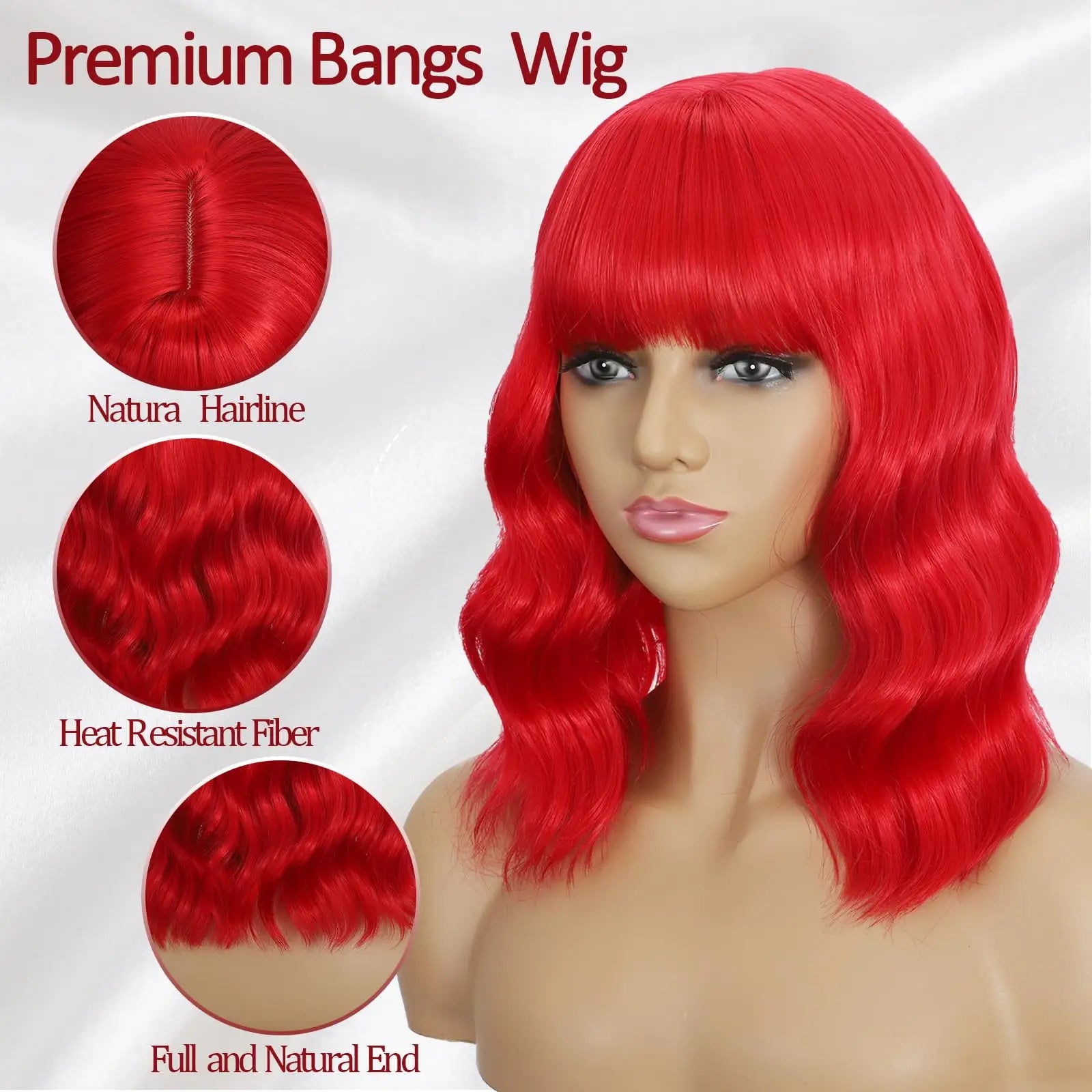 Red Wavy Wigs with Bangs Women’s Short Red Bob Wig Synthetic Natural Looking Heat Resistant Fiber Hair