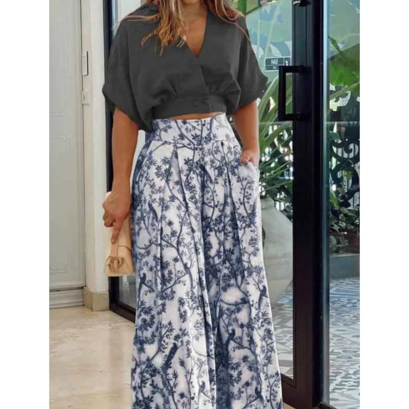Women Bell Bottom Pants Sets Solid Color Half Sleeve V-neck Shirt Printed Top Wide Leg Pants Summer Fashion 2 Piece Set Clothing