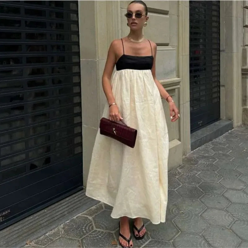 Cotton Sexy Loose Beige Women's Maxi Dress Summer Strap Sleeveless Ankle Length Dresses Elegnat Classic Spaghetti Female Dress