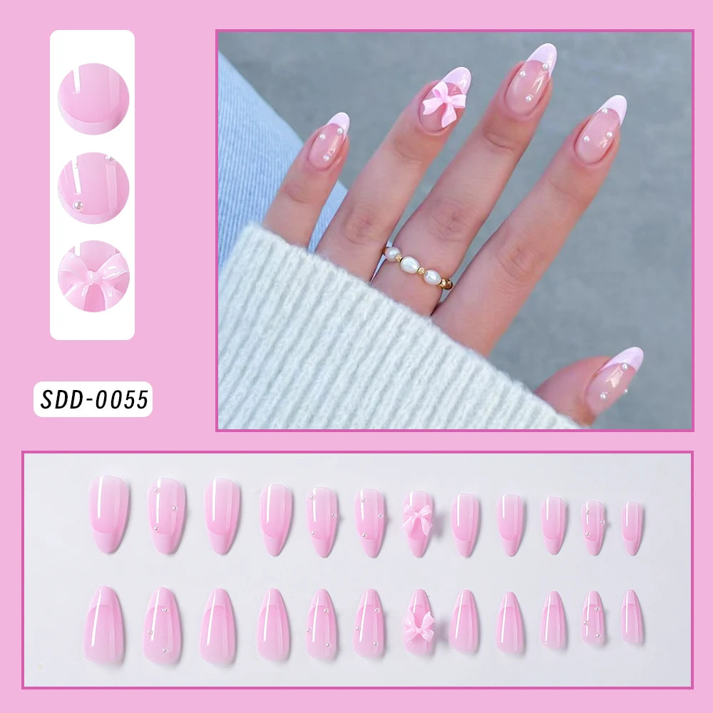 Uñas postizas de leopardo rosa de 24 piezas con punta francesa, cabeza cuadrada corta, lazo negro 3D, uñas postizas acrílicas de cobertura completa a presión