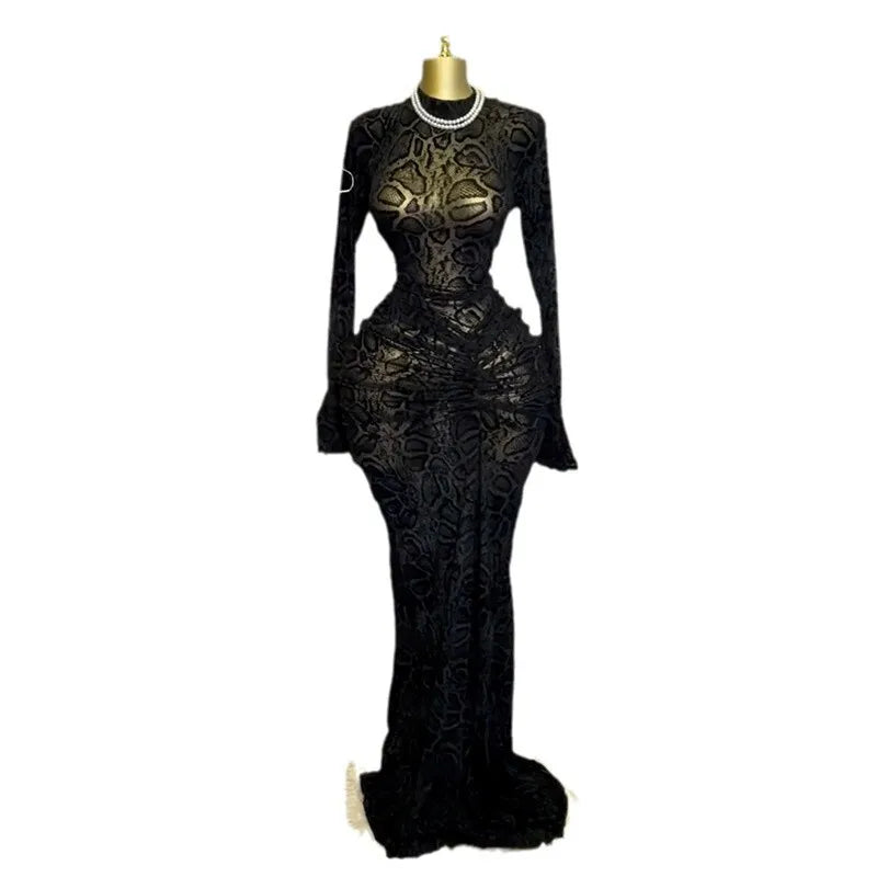 Ropa de mujer primavera nuevo estilo temperamento cuello semi alto encaje manga larga con cintura falda de un solo paso falda larga