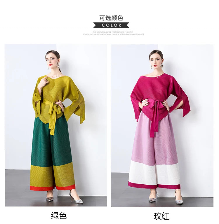 Conjunto de dos piezas de moda femenina para primavera, top suelto plisado irregular con retazos y cinturón, y pantalones de pierna ancha Miyake 2024