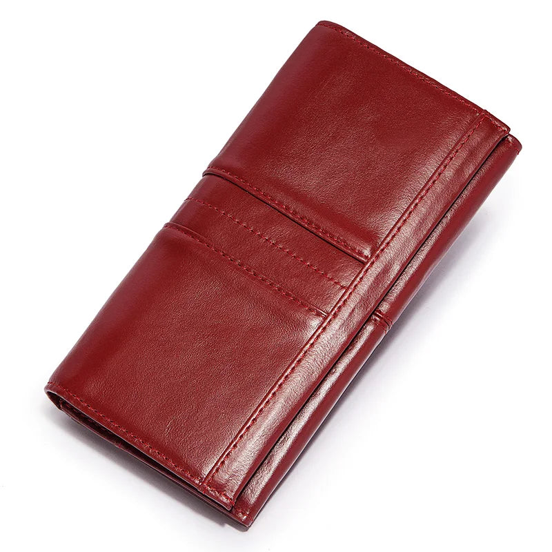 KAVIS Cartera de cuero genuino de marca de lujo para mujer, embrague largo con bolsa para teléfono celular, RFID, moda, rojo, tarjetero, bolso