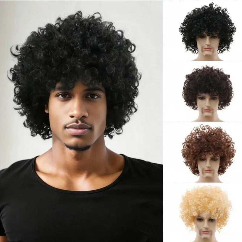 Synthetic Curly Hair Wigs Disco Hippie Rock Punk Afro Wigs Men Women Party Halloween Cosplay Hair Caps Headcover Without Glasses