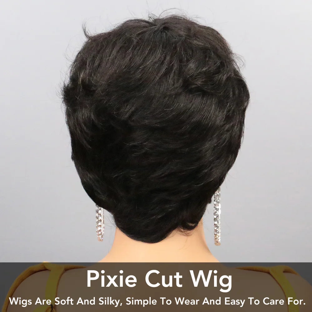 Peluca Bob Corto de Cabello Humano para Mujeres Negras, Pelucas Pixie Cut de Cabello Humano, Peluca Sin Pegamento, Peluca Sin Encaje Frontal con Flequillo, Negro Natural