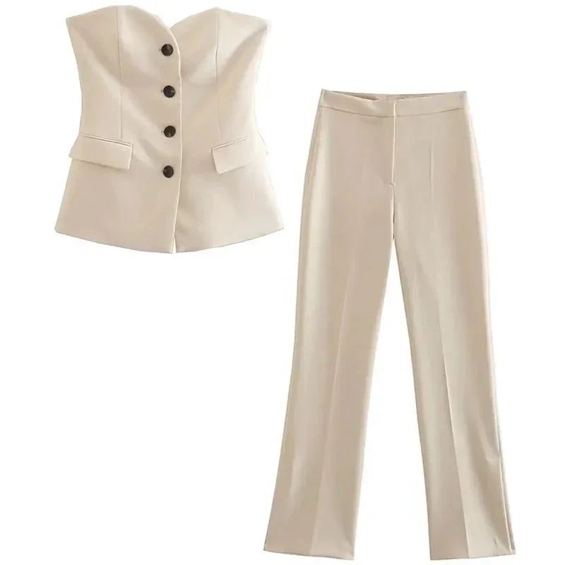 Traje de pantalón elegante sólido para mujer, tops sin tirantes sexy con botones delanteros + conjunto de pantalón con aberturas laterales, moda urbana femenina
